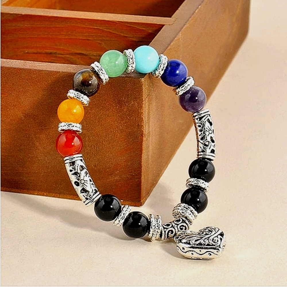 Heart Pendant Bracelet Natural Stone Bead Bracelets Silvery Chakra Bracelet